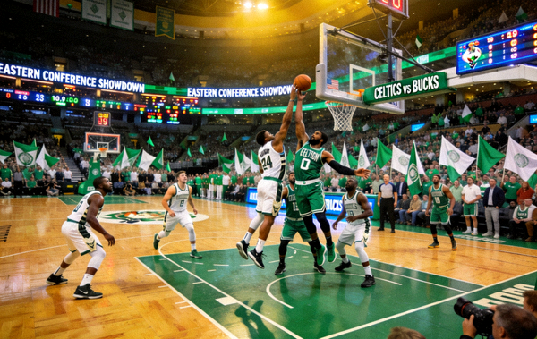 NBA常规赛东部强强对话，波士顿凯尔特人主场迎战密尔沃基雄鹿，东部榜首争夺